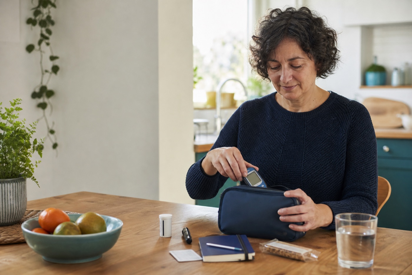 An adult calmly organising everyday diabetes supplies in a compact carry case at home.